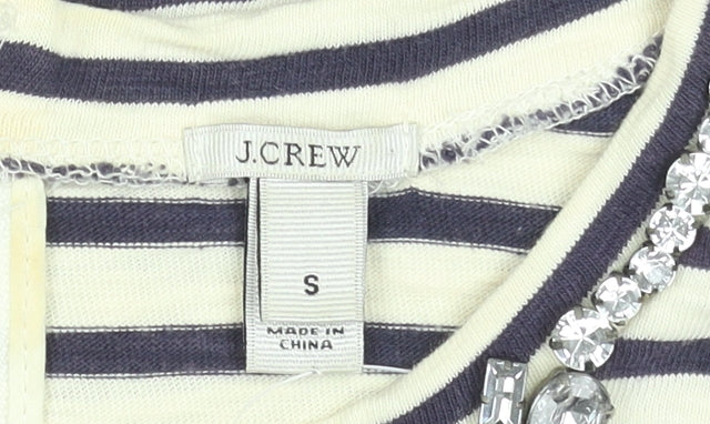 J.Crew Women’s Stripe Beaded Neck Cotton Top S Navy White 3/4 Sleeve