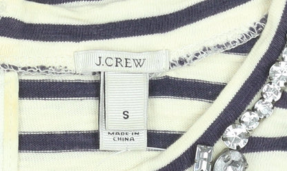 J.Crew Women’s Stripe Beaded Neck Cotton Top S Navy White 3/4 Sleeve