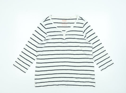 FatFace Women White Striped 3/4 Sleeve Henley Cotton Top Size 14