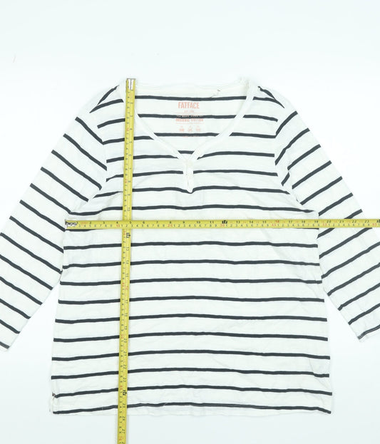 FatFace Women White Striped 3/4 Sleeve Henley Cotton Top Size 14