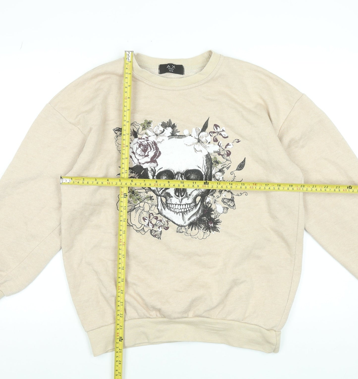 AX Paris Women’s Beige Skull Floral Graphic Pullover Sweatshirt S/M