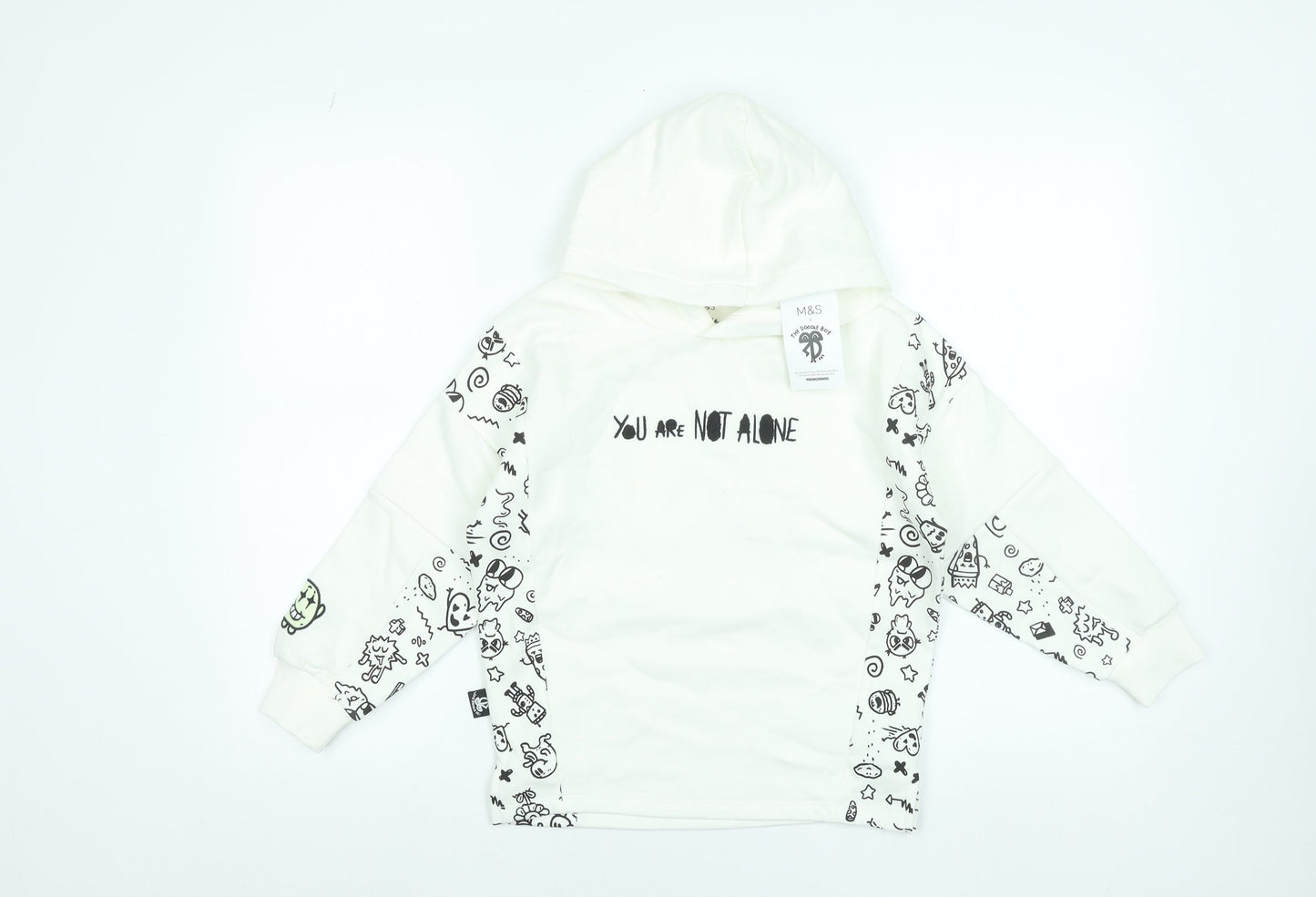 Marks and Spencer Boys White Graphic Pullover Hoodie 7-8 Years Cotton Blend