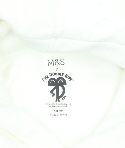Marks and Spencer Boys White Graphic Pullover Hoodie 7-8 Years Cotton Blend