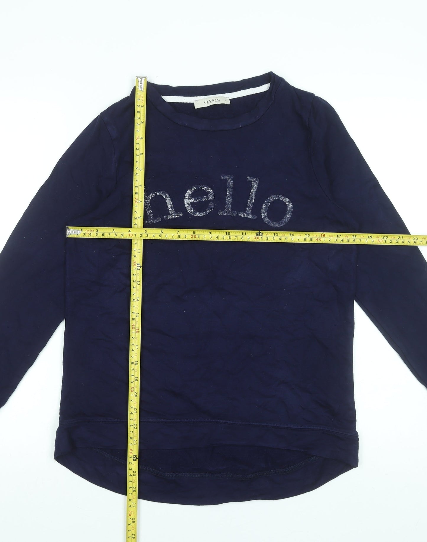 Oasis Women Blue Long Sleeve Hello Glitter T-Shirt Size S