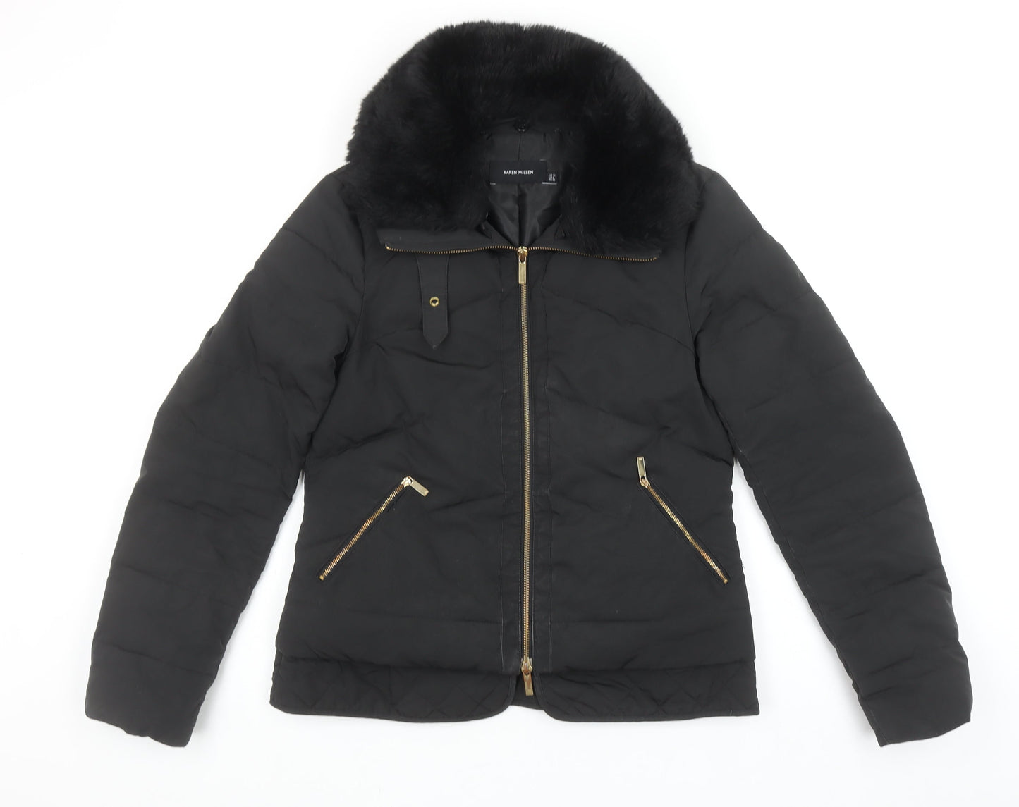 Karen Millen Womens Black Faux Fur Collar Puffer Jacket Size 10