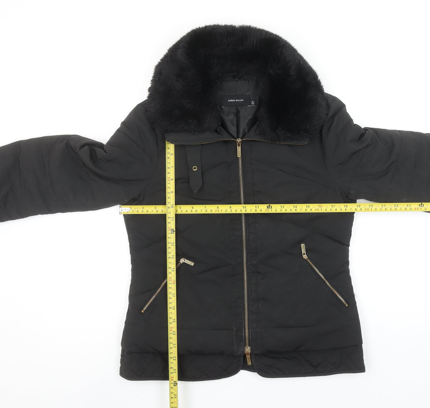 Karen Millen Womens Black Faux Fur Collar Puffer Jacket Size 10