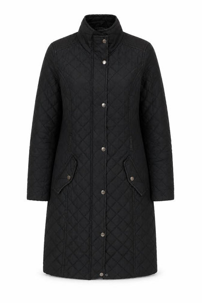 Front view of Maine New England Women's Black Quilted Long Coat, size 8