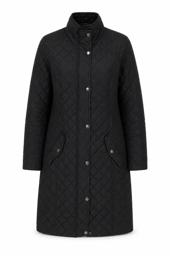 Front view of Maine New England Women's Black Quilted Long Coat, size 8