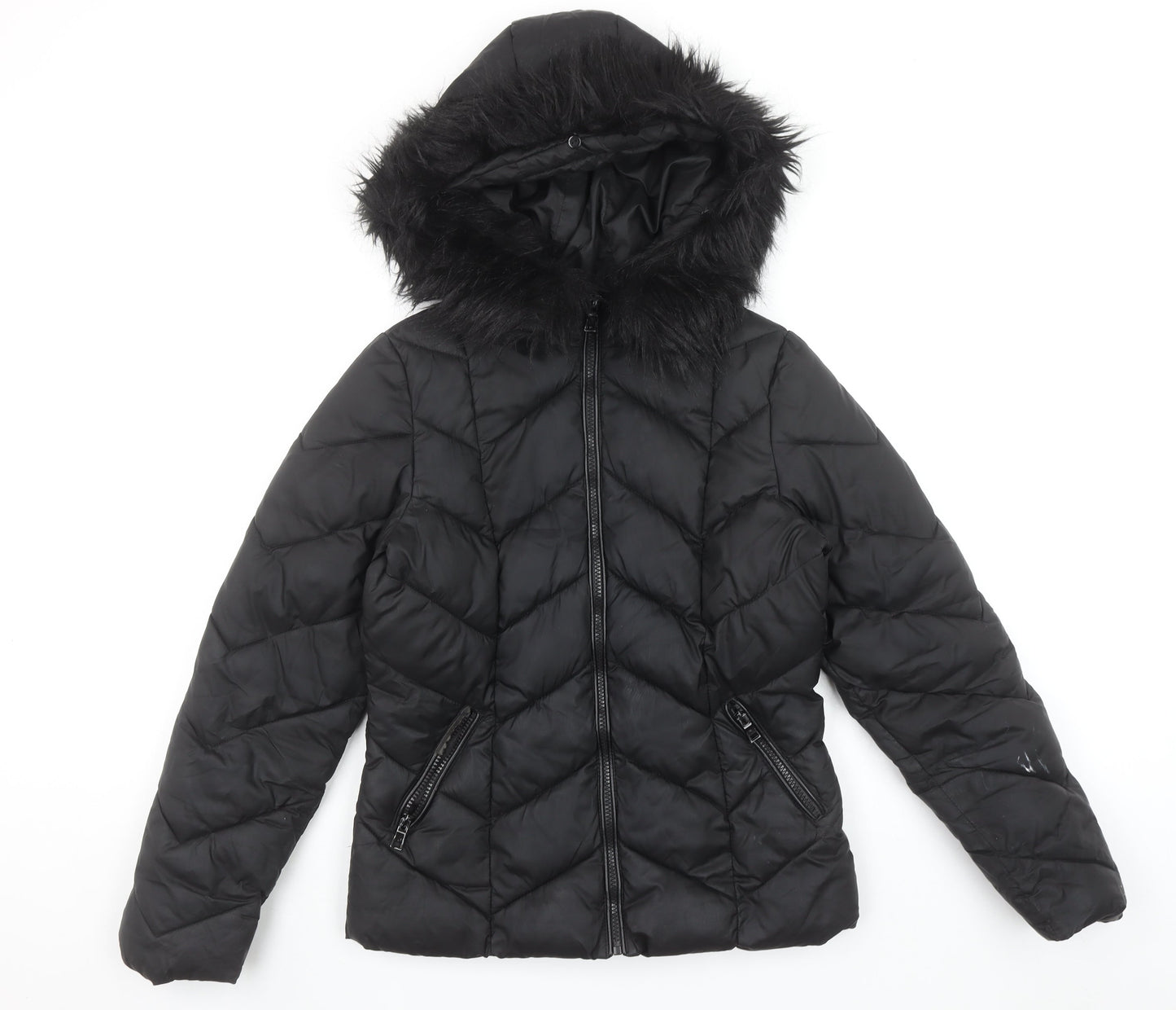 New Look Womens Black Mid-Length Hooded Puffer Jacket Size 8