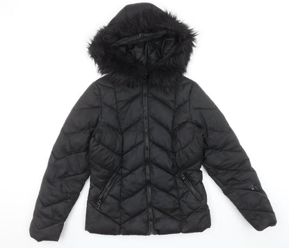 New Look Womens Black Mid-Length Hooded Puffer Jacket Size 8