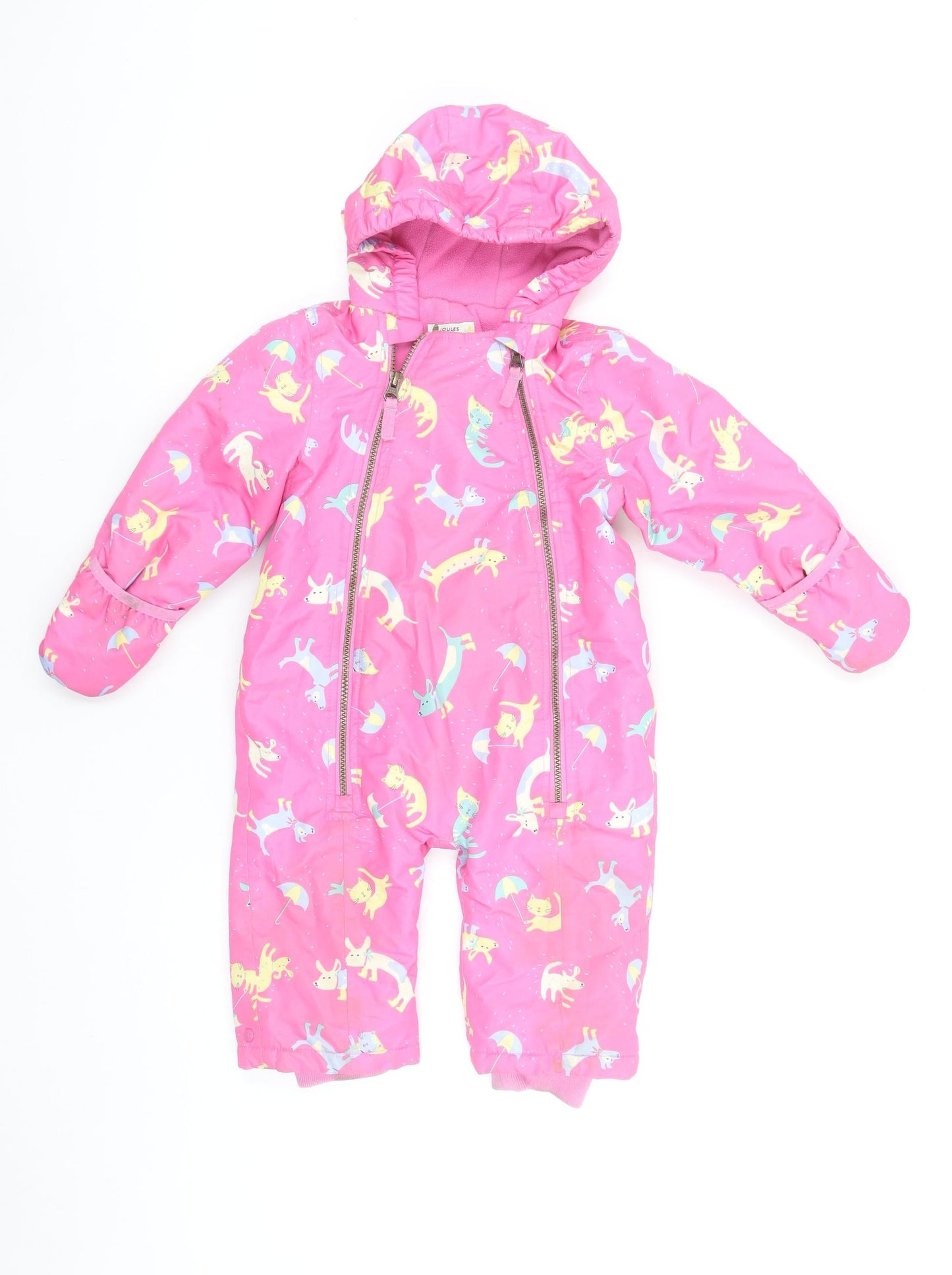 Joules Unisex Baby Pink Waterproof Snowsuit 9-12 Months Hooded Lined Rain Print