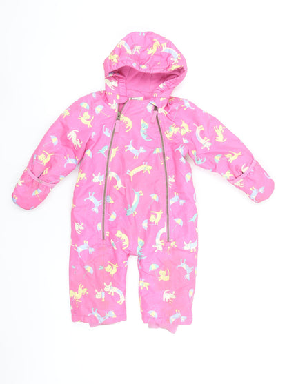 Joules Unisex Baby Pink Waterproof Snowsuit 9-12 Months Hooded Lined Rain Print