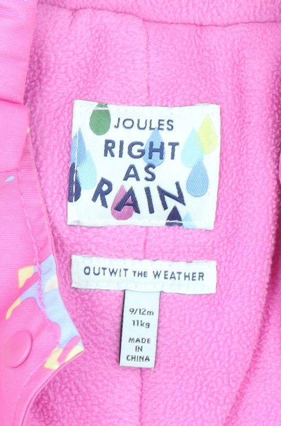 Joules Unisex Baby Pink Waterproof Snowsuit 9-12 Months Hooded Lined Rain Print