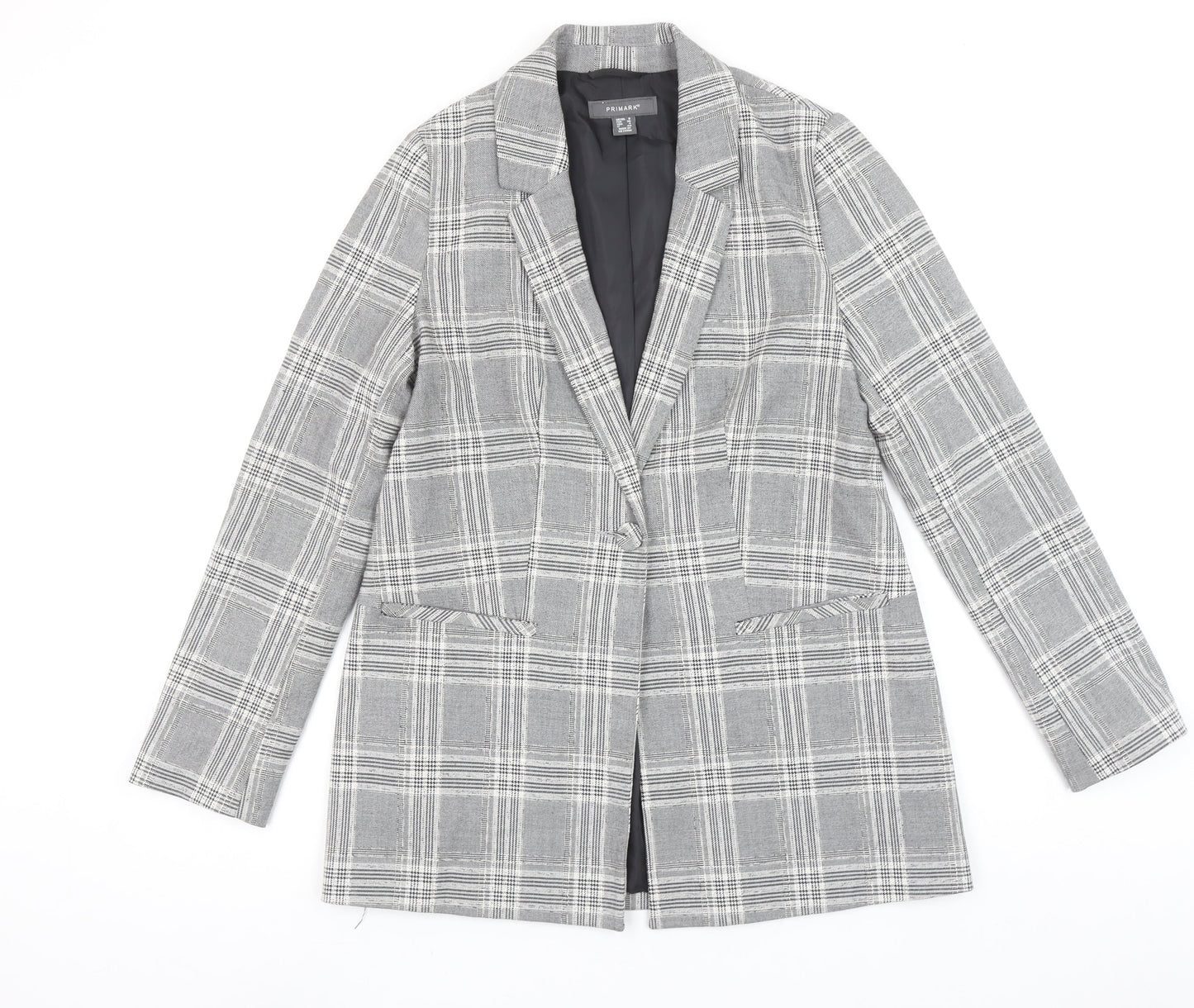 Primark Women's Grey Check Blazer Size 8 Single-Breasted Jacket