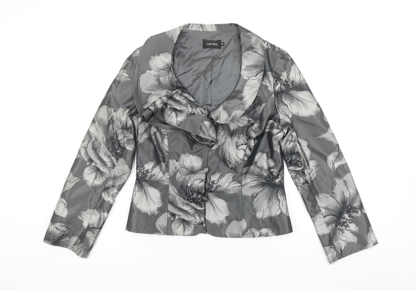Ispirato Women's Grey Floral Satin Shawl Collar Tailored Jacket Size 12