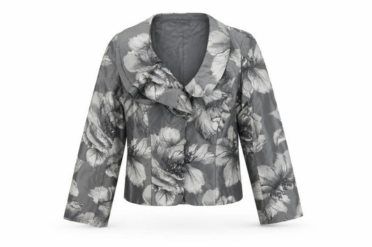 Ispirato Women's Grey Floral Satin Shawl Collar Tailored Jacket Size 12
