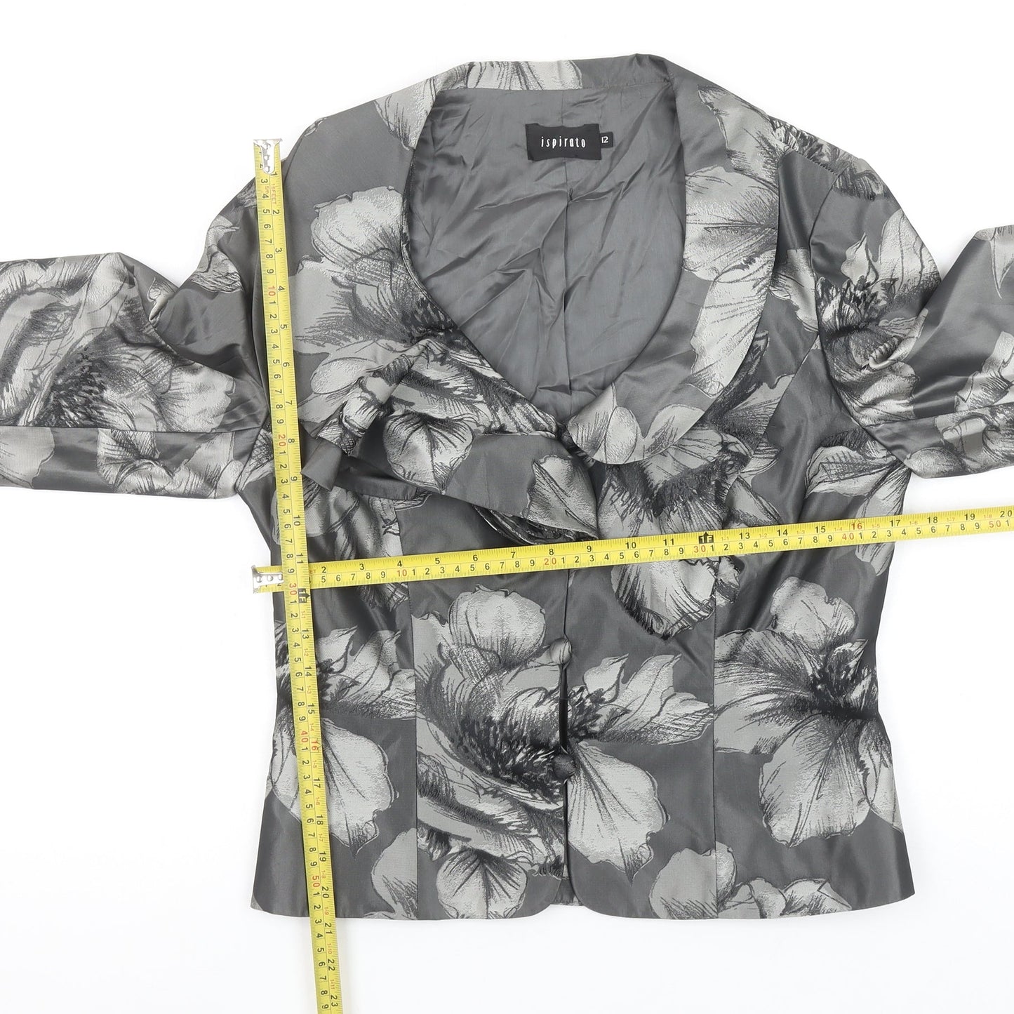 Ispirato Women's Grey Floral Satin Shawl Collar Tailored Jacket Size 12