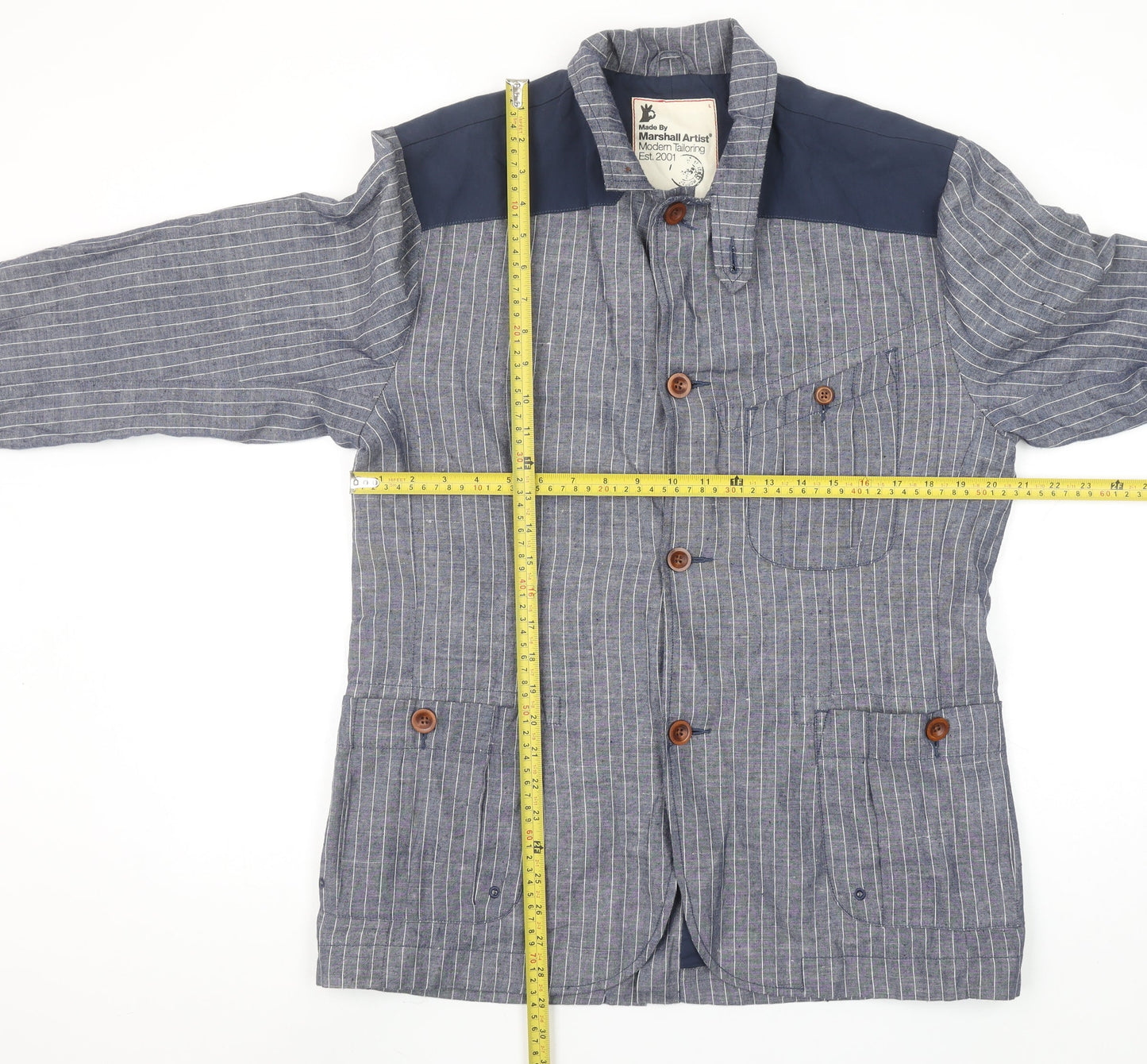 Marshall Artist Men's Blue Striped Cotton Regular Fit Casual Blazer Jacket L