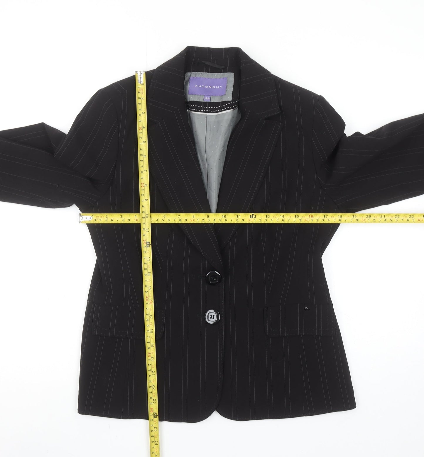 Autonomy Womens Black Pinstripe Suit Jacket Size 12P Classic Blazer