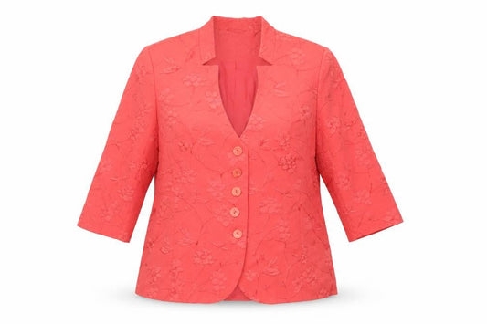 ELVI Women's Red Jacquard 3/4 Sleeve Tailored Blazer Size 16