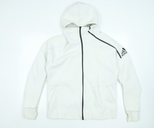 Adidas Men's White Hooded Full Zip Jacket Size L Cotton Blend Sportswear
