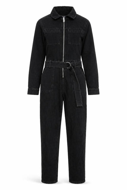 Front view of Denim Co. Women's Black Denim Belted Jumpsuit, size 4, Regular