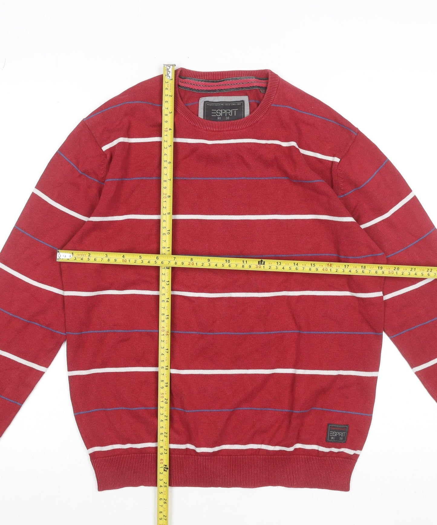 Esprit Men's Red Striped Cotton Crew Neck Jumper Size M