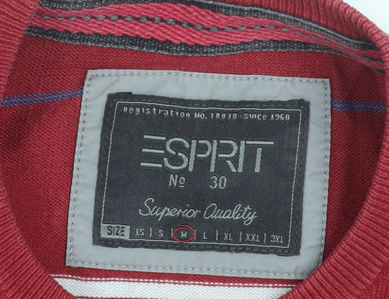 Esprit Men's Red Striped Cotton Crew Neck Jumper Size M