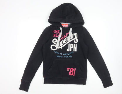 Superdry Women's Black Hoodie Small Pullover Graphic Print Cotton Blend