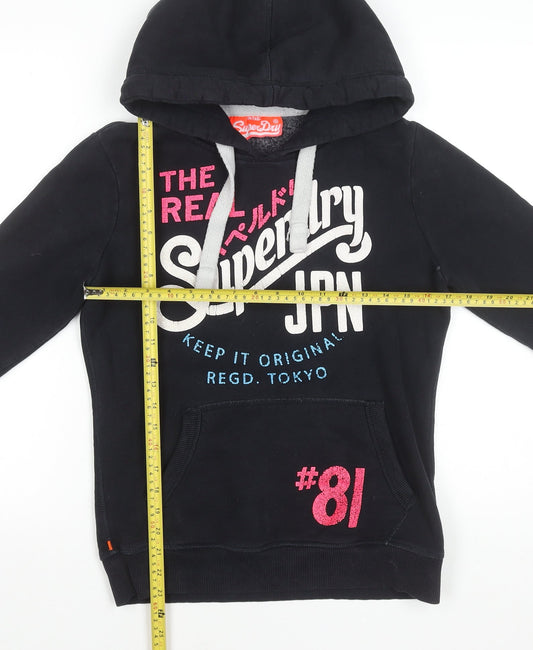 Superdry Women's Black Hoodie Small Pullover Graphic Print Cotton Blend