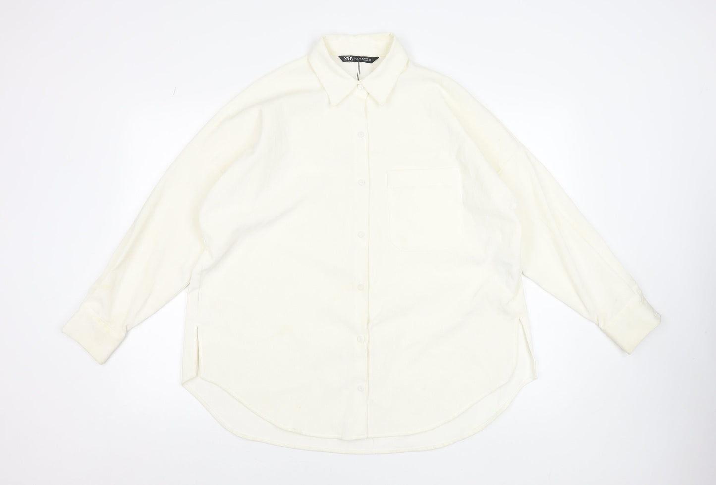 ZARA Women Ivory Relaxed Button-Up Shirt Size S Polyester Blend