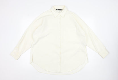 ZARA Women Ivory Relaxed Button-Up Shirt Size S Polyester Blend