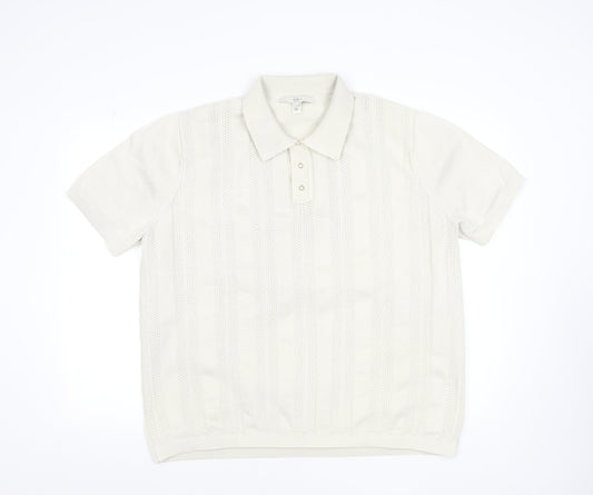 River Island Men's Ivory Cotton Knit Polo Shirt XL Classic Style