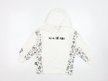 Marks and Spencer Boys White Graphic Hoodie 7-8 Years Cotton Blend