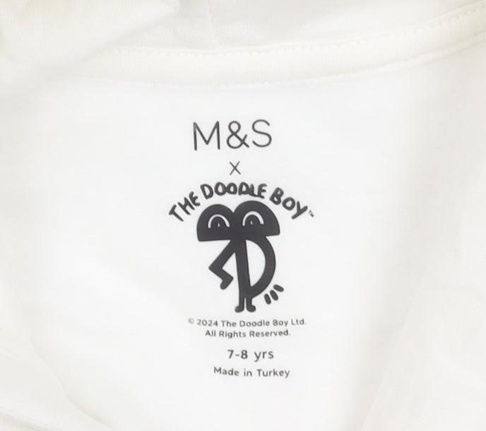 Marks and Spencer Boys White Graphic Hoodie 7-8 Years Cotton Blend