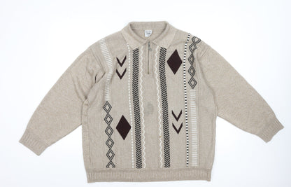 Newtex Men's Beige Geometric Knit 1/4 Zip Collared Jumper XL Retro Style