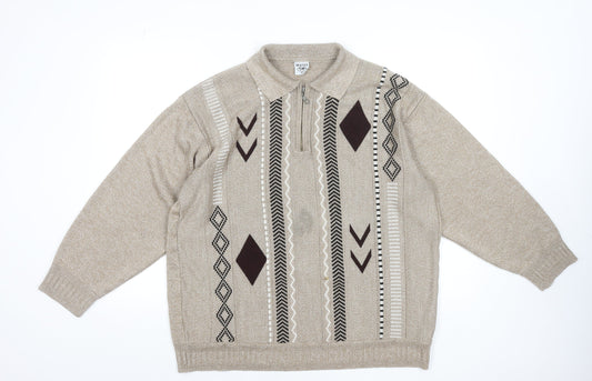 Newtex Men's Beige Geometric Knit 1/4 Zip Collared Jumper XL Retro Style