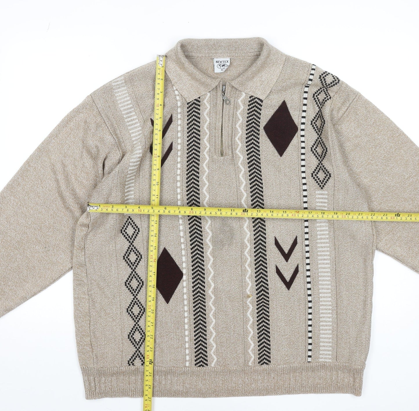 Newtex Men's Beige Geometric Knit 1/4 Zip Collared Jumper XL Retro Style