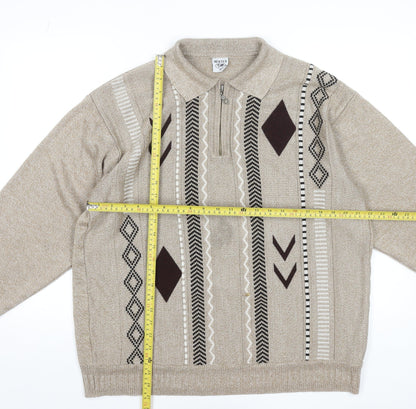 Newtex Men's Beige Geometric Knit 1/4 Zip Collared Jumper XL Retro Style