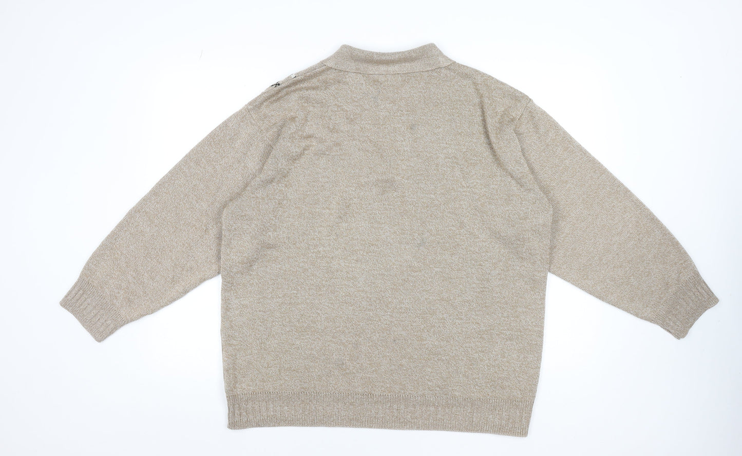 Newtex Men's Beige Geometric Knit 1/4 Zip Collared Jumper XL Retro Style