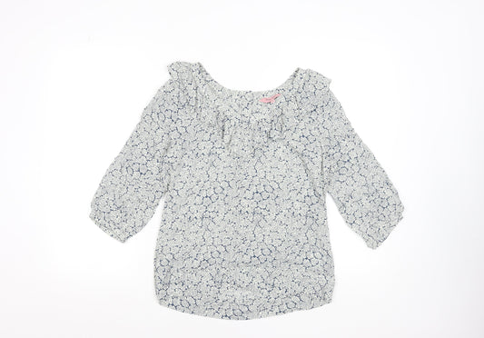 Phase Eight Women Blue Floral Blouse Size 8 Viscose Ruffle 3/4 Sleeve Top