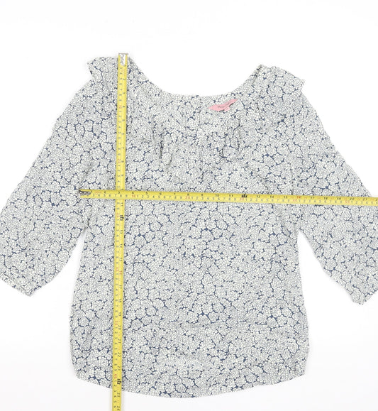 Phase Eight Women Blue Floral Blouse Size 8 Viscose Ruffle 3/4 Sleeve Top