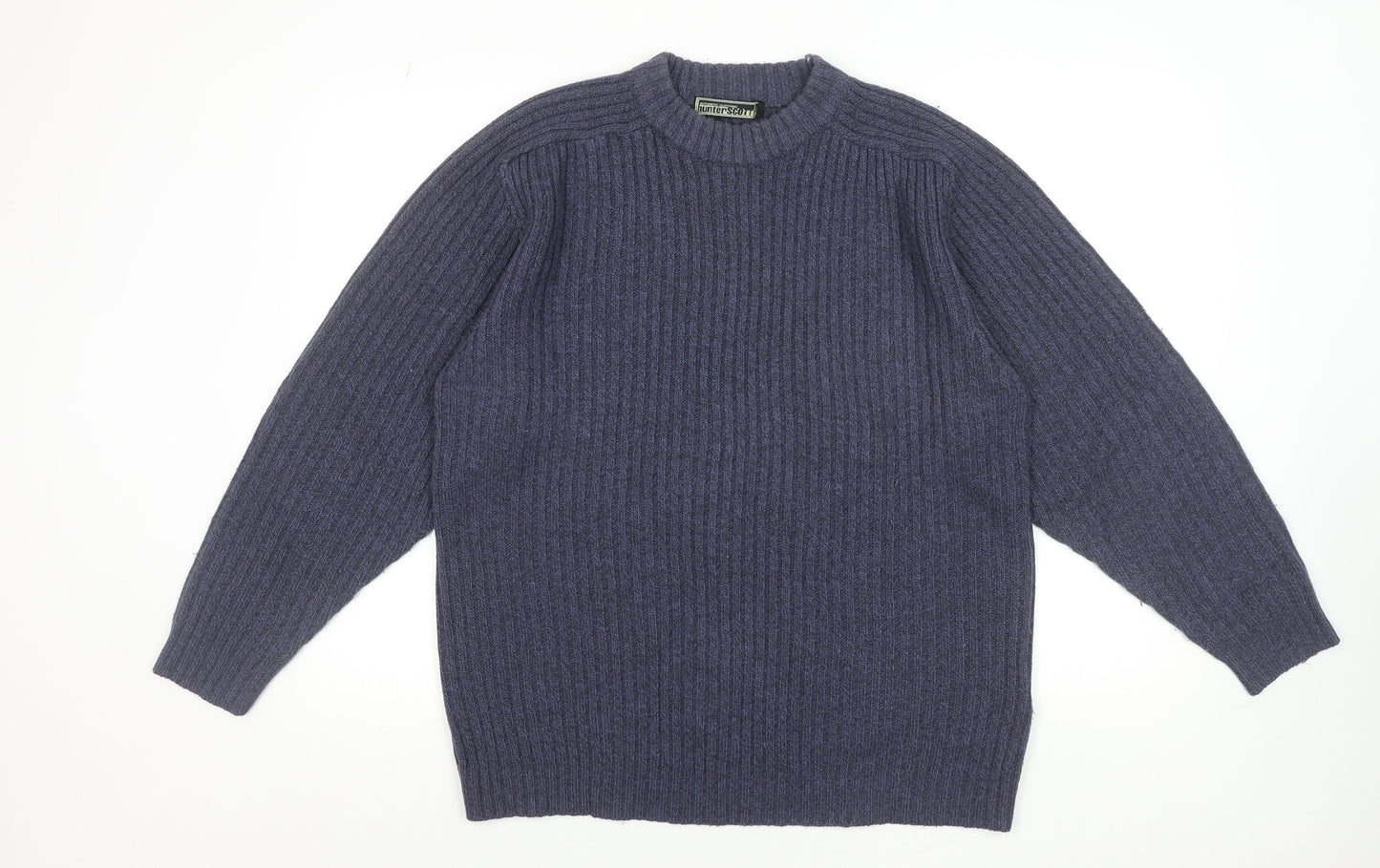 Hunter Scott Men’s Blue Ribbed Crew Neck Wool Blend Jumper Size S