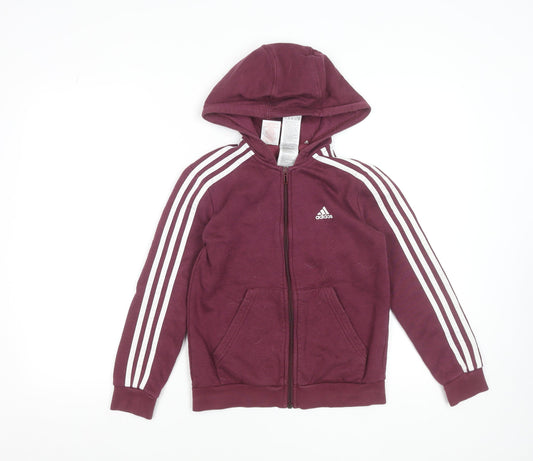 Adidas Boys Burgundy Full Zip Hoodie 9-10 Years Classic Hooded Sweatshirt