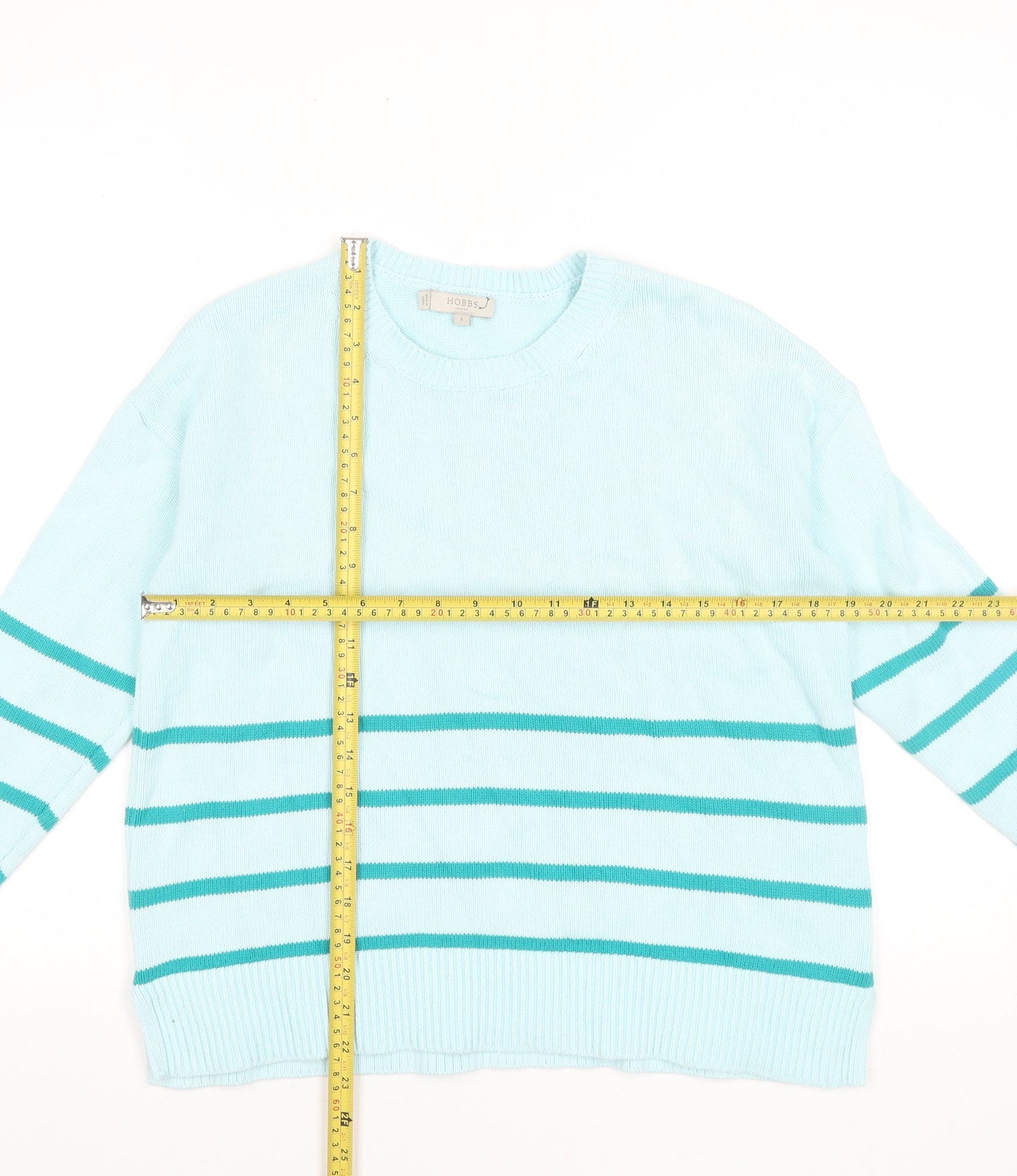 Hobbs Women Blue Striped Cotton Crew Neck Jumper Size S