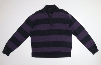 GANT Men Purple Black Striped 2XL Henley Mock Neck Jumper
