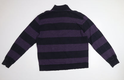 GANT Men Purple Black Striped 2XL Henley Mock Neck Jumper