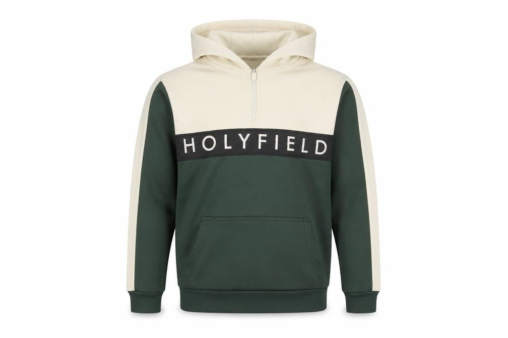 Front view of Holyfield boys’ green & cream pullover hoodie, size 10-12, years colourblock