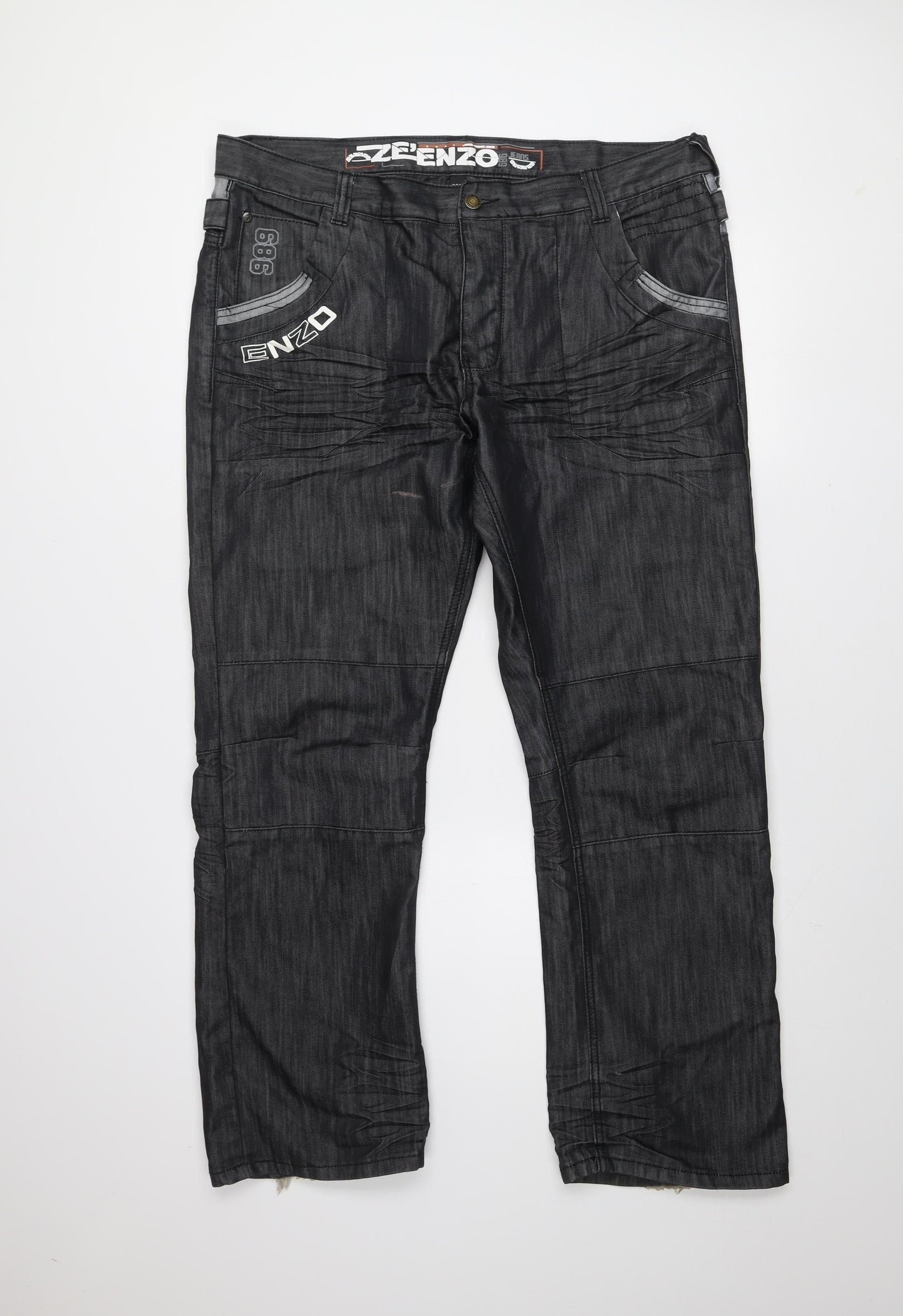 ZE ENZO 989 Men's Black Denim Chino Jeans 38S Cotton Blend Casual Trousers