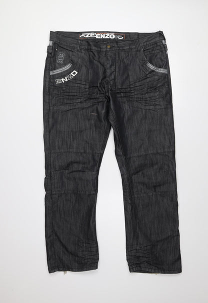 ZE ENZO 989 Men's Black Denim Chino Jeans 38S Cotton Blend Casual Trousers